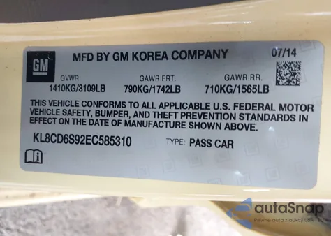 2014 Chevrolet Spark 1Lt Auto z USA, uszkodzony, nr VIN KL8CD6S92EC585310